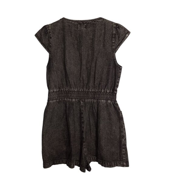 Bibi Size L Romper Black Denim Jean Button-Up Pockets Smocked Waist NEW - Picture 4 of 6